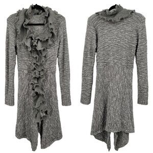 Vtg 90s Wool Ruffled Knit Cardigan Sweater Duster L Gray Whimsical Fairy Goth